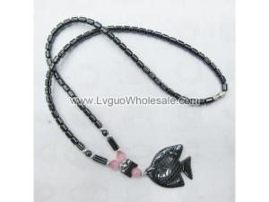 Pink Cat's Eye Opal Hematite Fish Pendant Healing Necklace